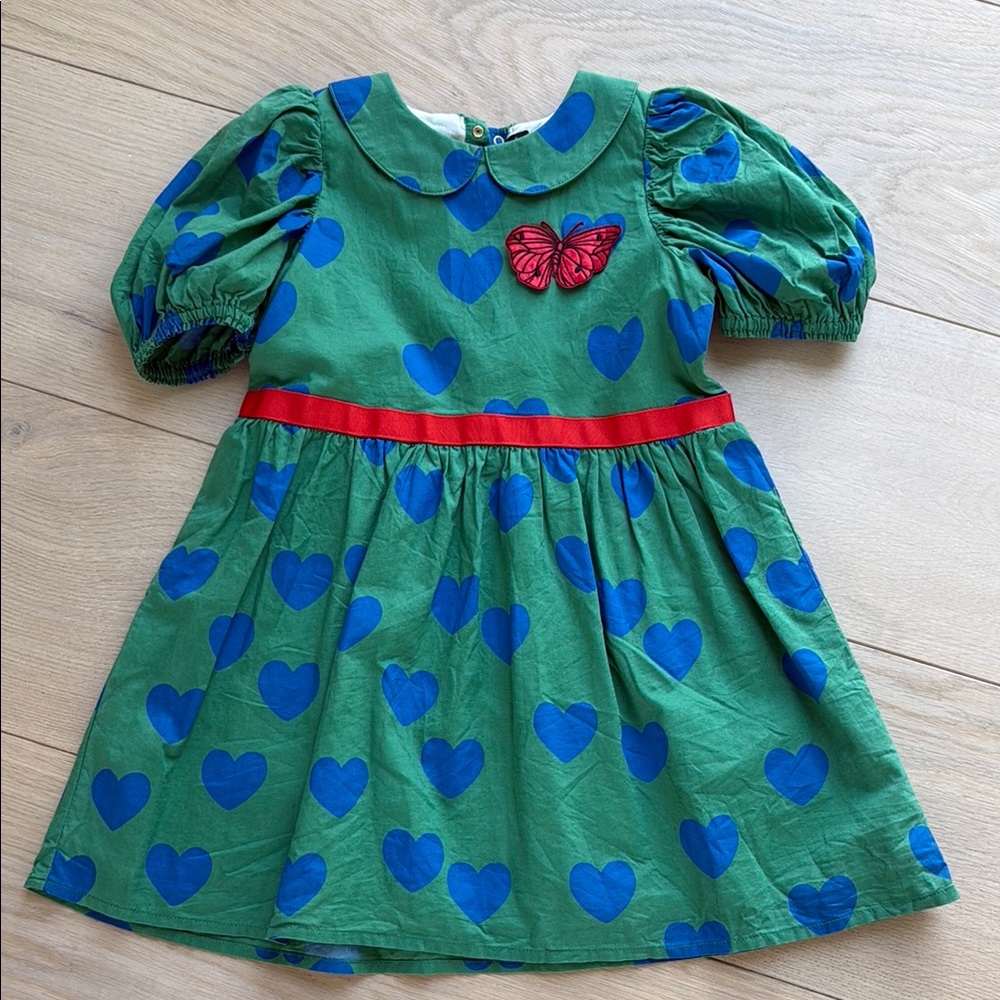 Mini Rodini 4-5T Green Dress with Blue Hearts and Red Butterfly